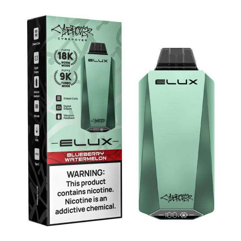 Elux CYBEROVER 18K Disposable vape in Blueberry Watermelon flavor with packaging and warning label