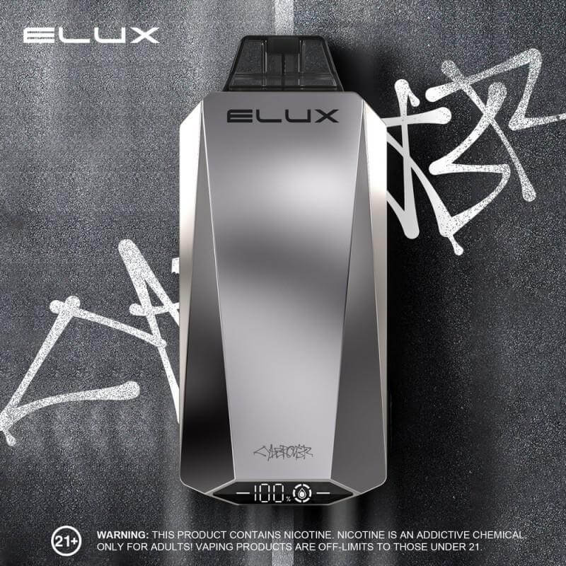 Elux CYBEROVER 18K Disposable vape device on a graffiti background, offering a sleek and modern vaping experience.