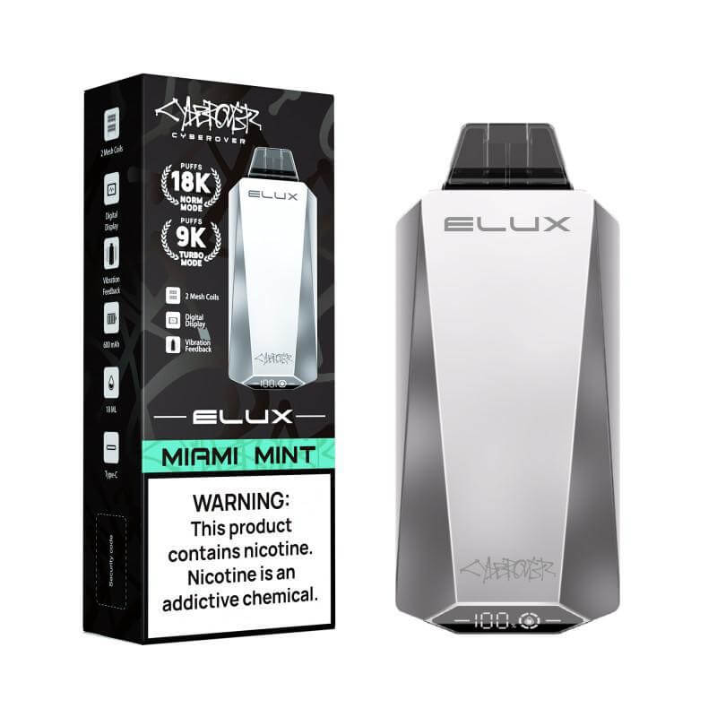 Elux CYBEROVER 18K Disposable Vape with Miami Mint flavor and warning label about nicotine.