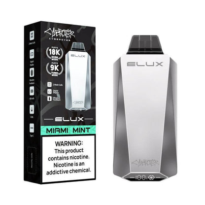 Elux CYBEROVER 18K Disposable Vape with Miami Mint flavor and warning label about nicotine.