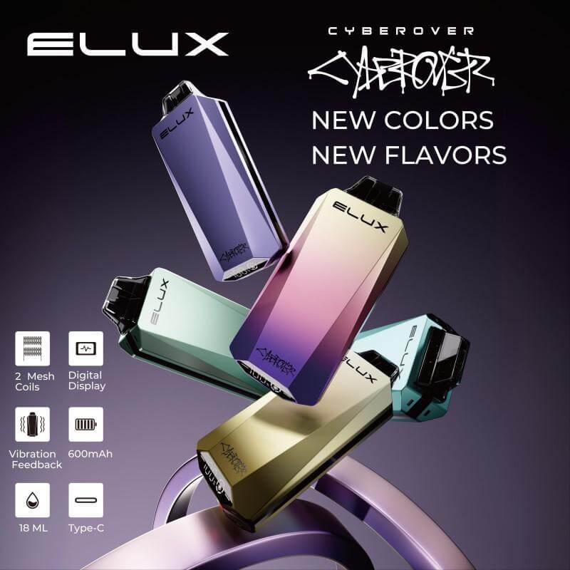 Elux CYBEROVER 18K disposable vape showcasing new colors and flavors, highlighting key features like digital display and Type-C charging.