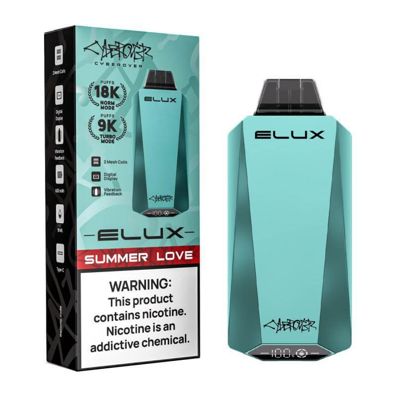 Elux CYBEROVER 18K Disposable vape in turquoise packaging, highlighting Summer Love flavor and nicotine warning.