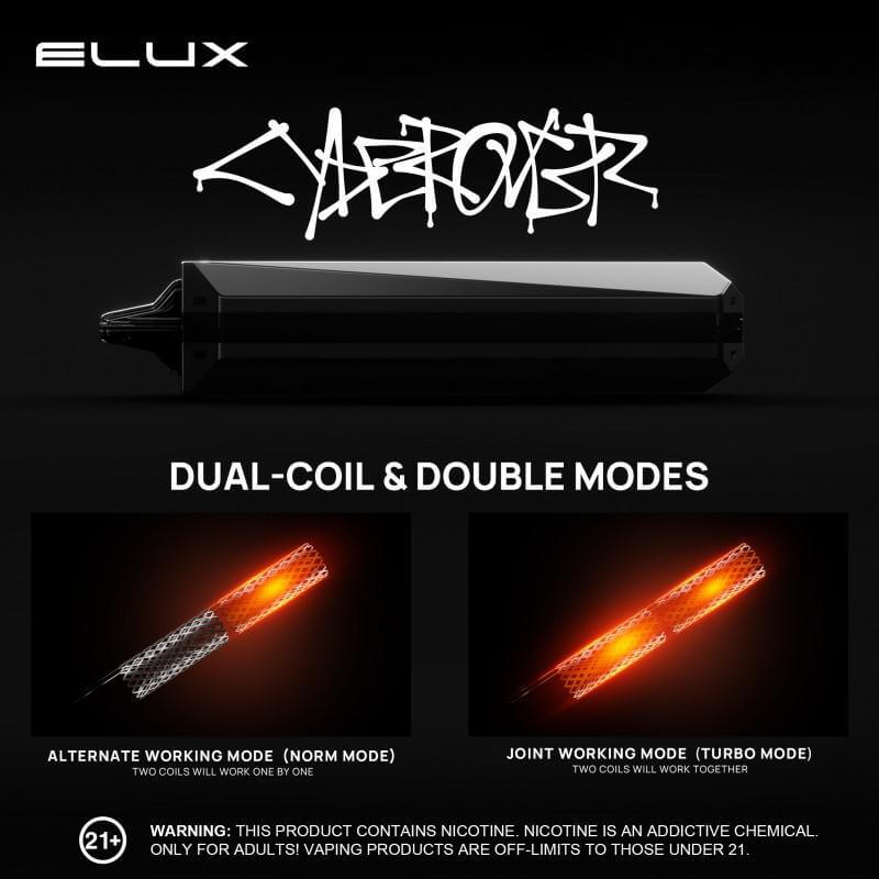 Elux CYBEROVER 18K disposable vape device showcasing dual-coil and double modes for enhanced vaping experience.