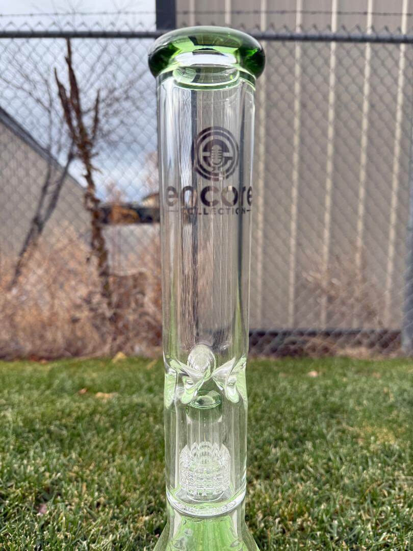 Encore Glass 16" Matrix Perk Beaker 14mm 90° showcasing its sleek design and durable craftsmanship.