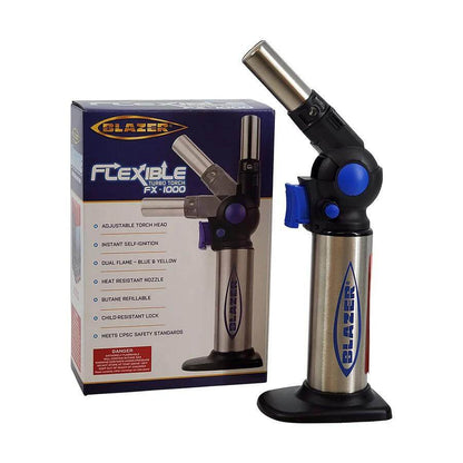 Blazer Flexible Turbo Butane Torch FX-1000 with adjustable head and dual flame, perfect for professionals and DIY enthusiasts.