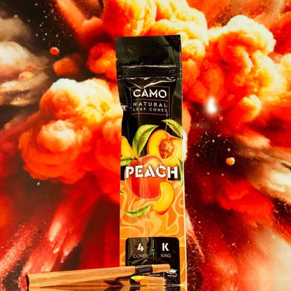 CAMO Natural Leaf Cones Peach flavor packaging with 4 king size pre-rolled cones for a smooth smoking experience.