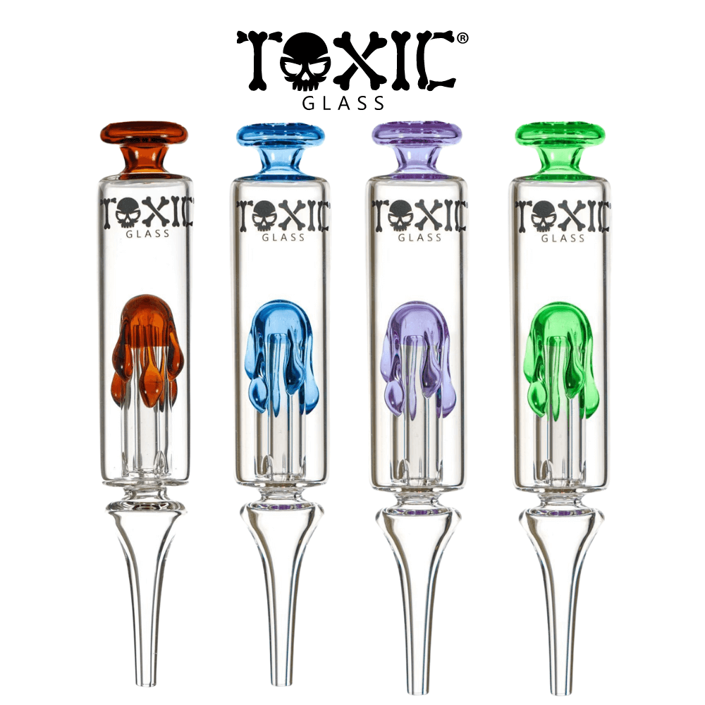 Toxic Glass nectar collectors in vibrant colors, designed for smooth concentrate hits and precision use.