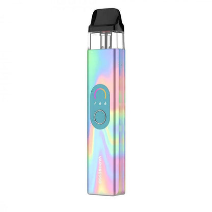 Vaporesso XROS 4 in iridescent finish, featuring COREX tech and adjustable output modes for enhanced vaping experience.