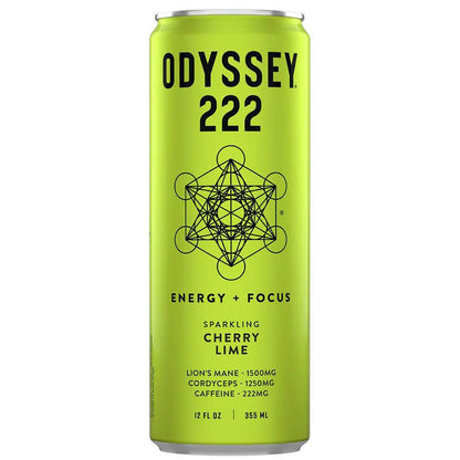 Odyssey Mushroom Elixir Cherry Lime energy drink can with 222mg caffeine for enhanced focus and revitalization.