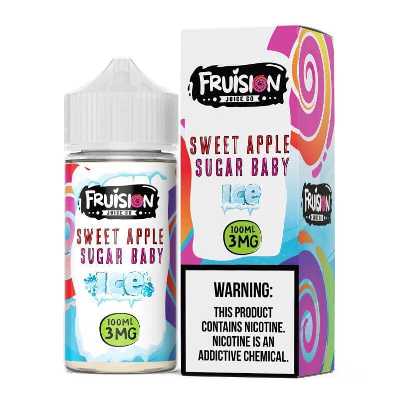 Fruision Juice Co Sweet Apple Sugar Baby ICE 100ml e-liquid bottle and packaging with warning label, 3mg nicotine.