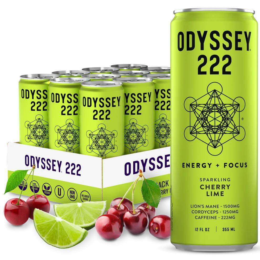 Odyssey 222 Sparkling Cherry Lime Energy Drink, featuring Lion's Mane, Caffeine, and a refreshing flavor.