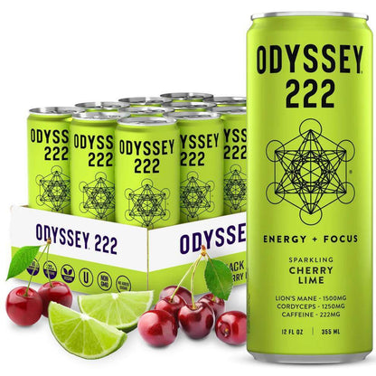 Odyssey 222 Sparkling Cherry Lime Energy Drink, featuring Lion's Mane, Caffeine, and a refreshing flavor.