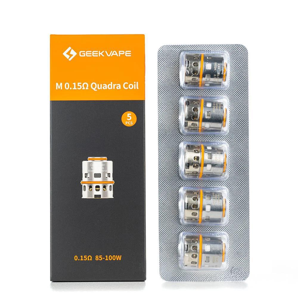 GeekVape M Series 0.15Ω Quadra Coils in packaging for high-performance vaping and cloud production.