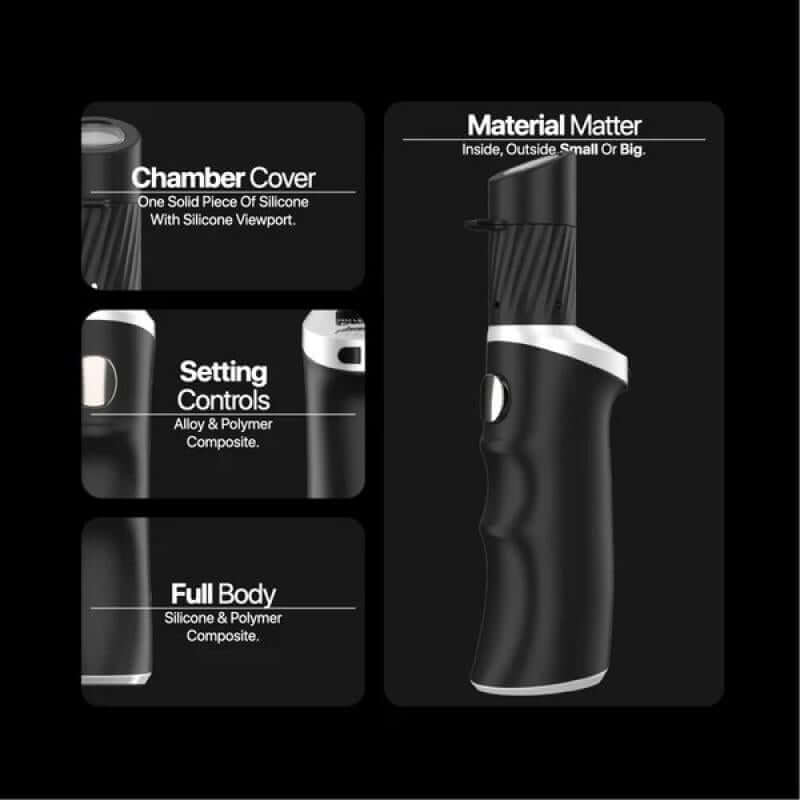 Yocan Black Phaser ACE 2 Vaporizer features: chamber cover, setting controls, material details, and full body description.