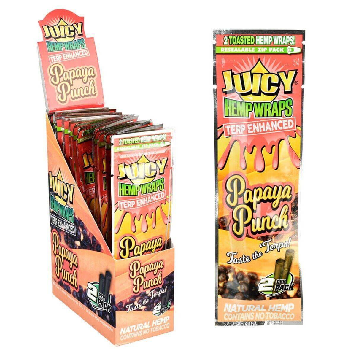 Juicy Jay's Terp Enhanced Toasted Hemp Wraps in Papaya Punch flavor, 2 wraps per pack, natural hemp for bold smoking experiences.