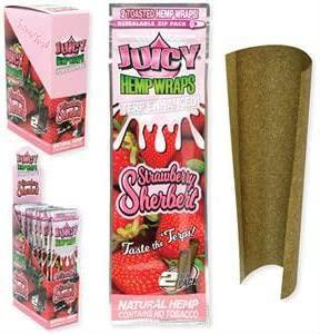 Juicy Jay's Toasted Hemp Wraps in Strawberry Sherbet flavor, packaged and one wrap displayed.