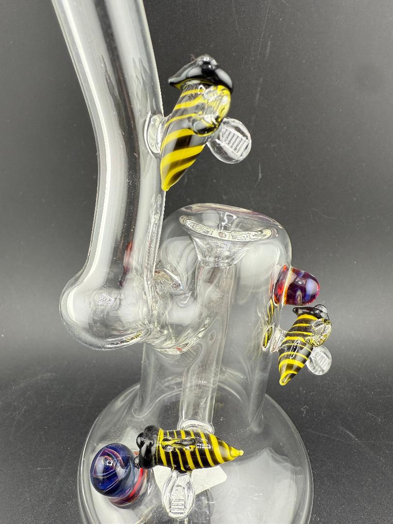 Filla John Glass Flower Bubbler - Clear w/ Amber Purple Marbles & Bee Attachments with bee designs.