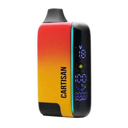 CARTISAN vape device with digital display, featuring vibrant red and yellow gradient design, compatible with various cartridges.