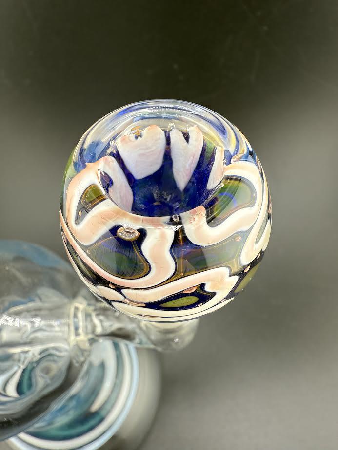 14mm blue gold fumed bowl with intricate swirling patterns, showcasing vibrant colors and smooth glass craftsmanship.