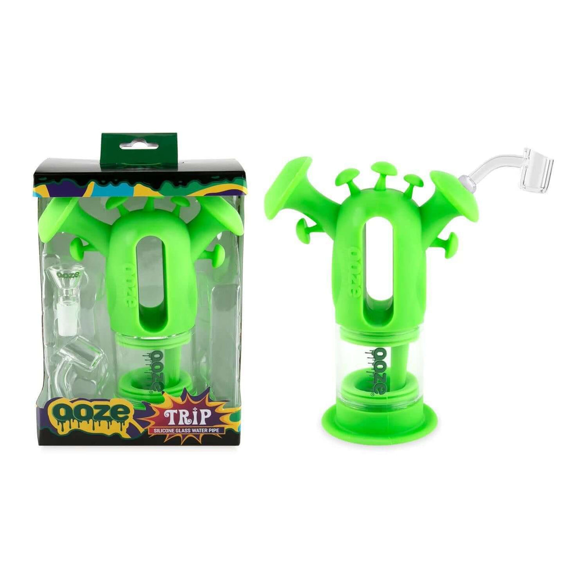 Ooze Trip Pipe Silicone Water Bubbler & Dab Rig with mushroom-inspired design, showcasing a vibrant green color.
