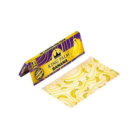 King Palm Banana flavored hemp rolling papers, 1 1/4 size pack with vibrant yellow design.