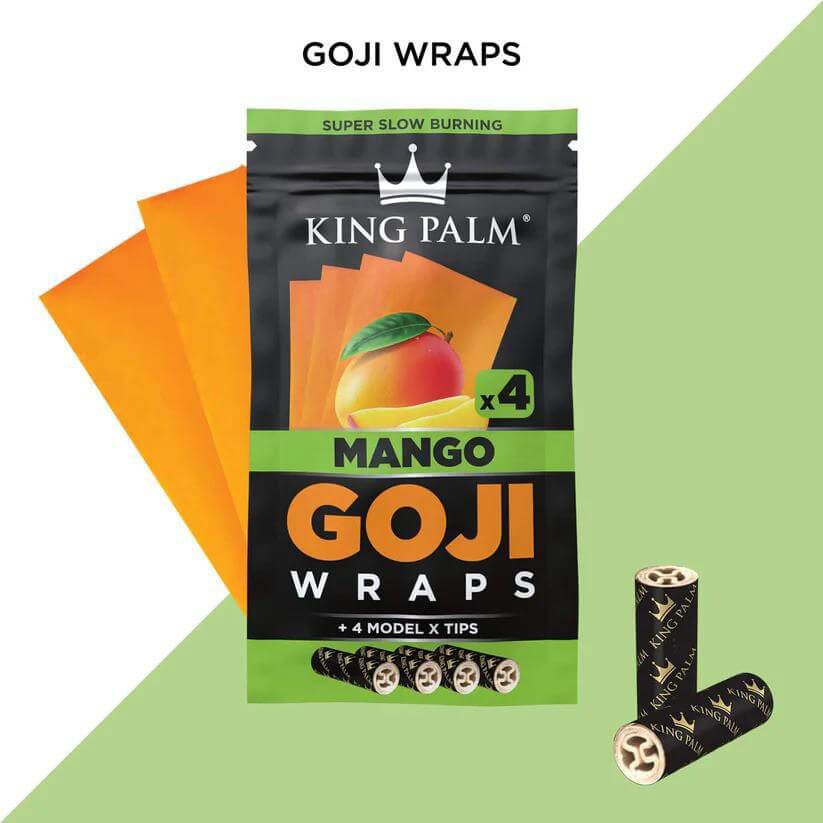 King Palm 4pc Mango Goji Wraps with Model X Tips, featuring vibrant packaging and slow-burning wraps.