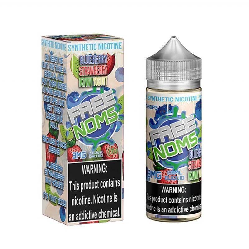 Free NOMS 120ml e-liquid bottle in blueberry, strawberry, and kiwi flavor with warning labels.