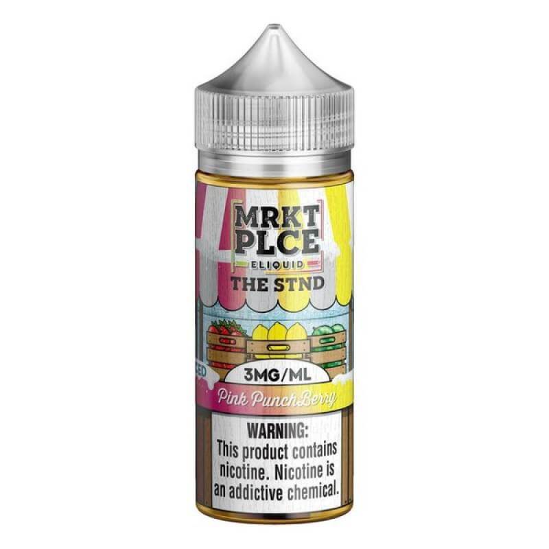 MRKT Place Pink PunchBerry 100ml eJuice bottle with vibrant packaging, featuring warning about nicotine content.