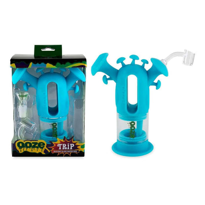 Ooze Trip Pipe Silicone Water Bubbler & Dab Rig in blue with mushroom design, perfect for versatile smoking and dabbing.