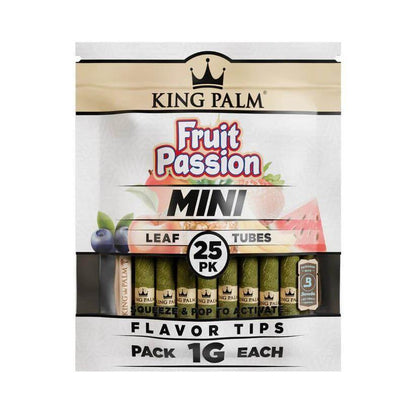 King Palm 25pc Fruit Passion Mini Rolls pack showcasing tobacco-free, all-natural hemp wraps for a flavorful smoking experience.