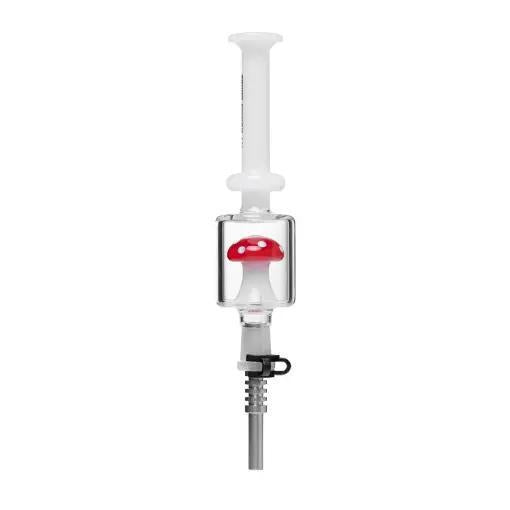 Human Grade Shroom Nectar Collector in red, featuring mushroom-shaped shower perc for smooth dabbing, 9.5" borosilicate glass.