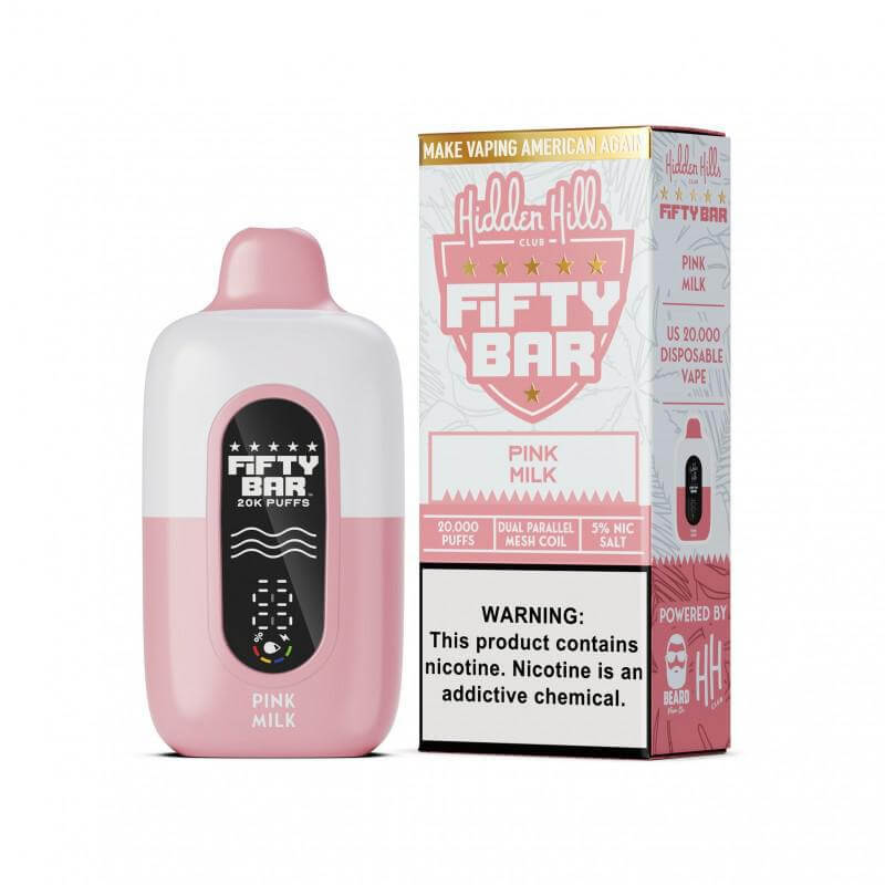 Hidden Hills x Fifty Bar 20K Puff Disposable Vape in Pink Milk flavor, featuring 5% nicotine strength and 20,000 puffs.