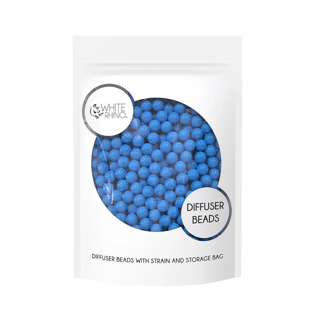 White Rhino blue diffuser beads in a storage bag for enhanced smoking experience and reduced splashback.