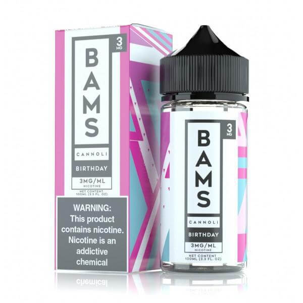 Bams Cannoli Birthday E-Liquid 100ml with nicotine warning label, perfect for indulgent vape experiences.