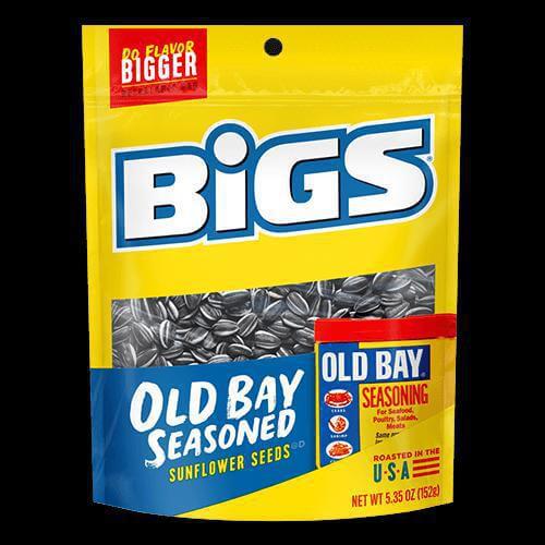 Bigs Old Bay Seasoned Sunflower Seeds 5.35 oz bag, bold flavor, nutritious snack, resealable for freshness.