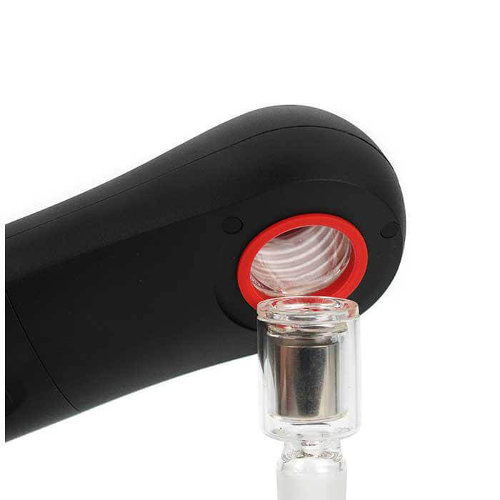 iSpire The Wand induction heater close-up with red accents and a glass banger for dabbing and vaporizers.