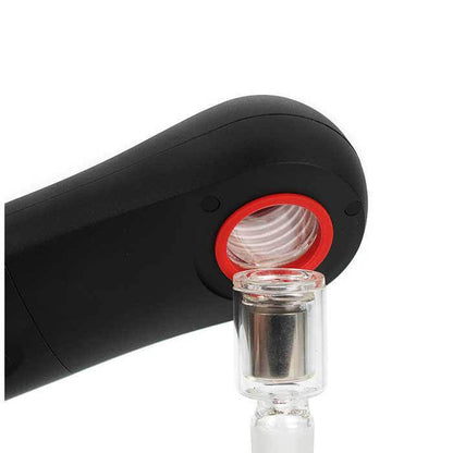 iSpire The Wand induction heater close-up with red accents and a glass banger for dabbing and vaporizers.