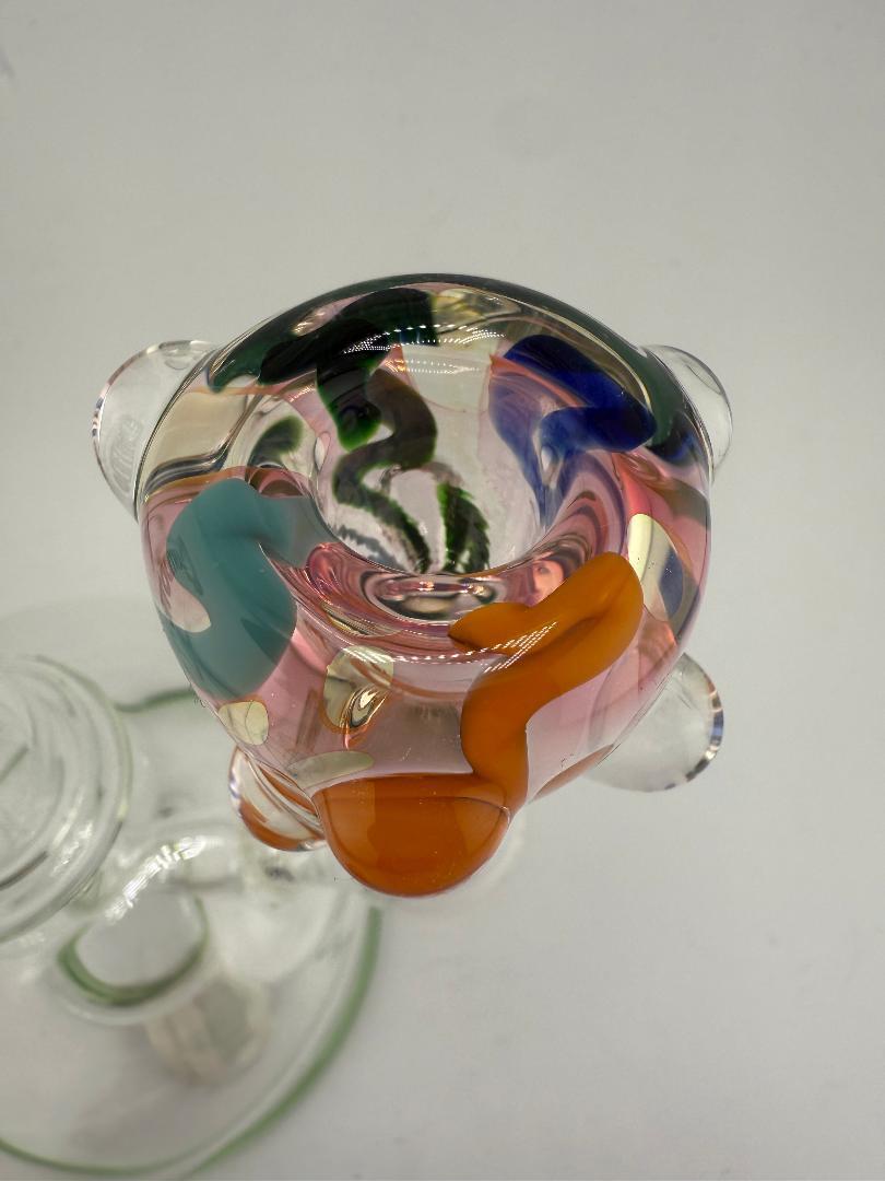 Top view of the Crondo Glass Scribble Tech Rainbow 14mm Bowl showcasing vibrant colors and unique design.