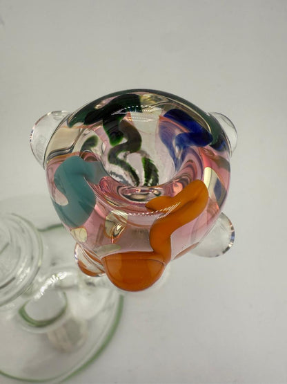 Top view of the Crondo Glass Scribble Tech Rainbow 14mm Bowl showcasing vibrant colors and unique design.