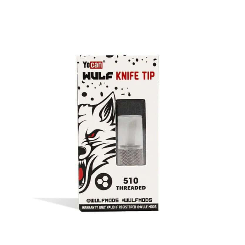 Wulf Knife Tip 510 Thread hot knife adapter packaging, featuring a wolf design for precision dabbing.