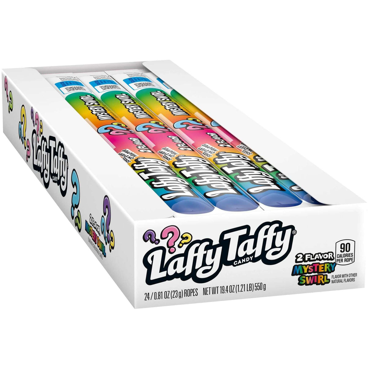 Laffy Taffy Ropes packaging featuring colorful mystery swirl flavors, perfect for sweet, chewy fun.