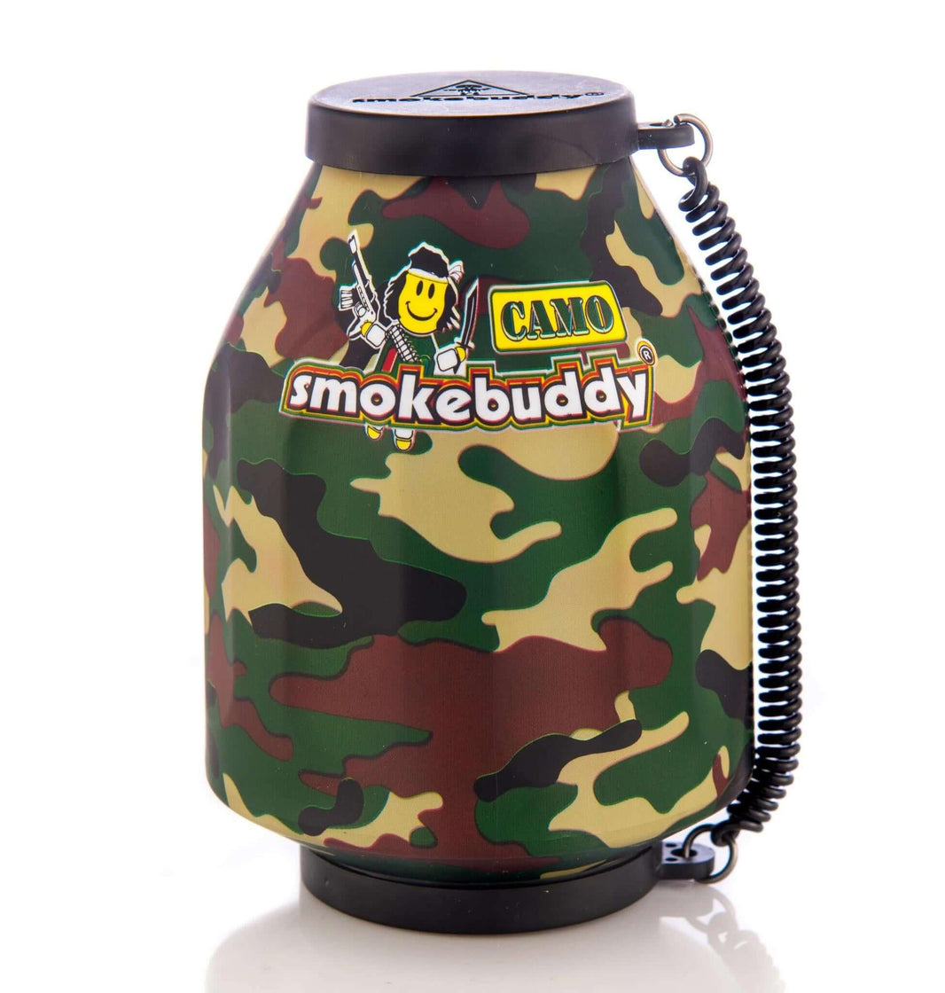 Smokebuddy Original Personal Air Filter in camo design for discreet smoke filtering, includes keychain and LED light.