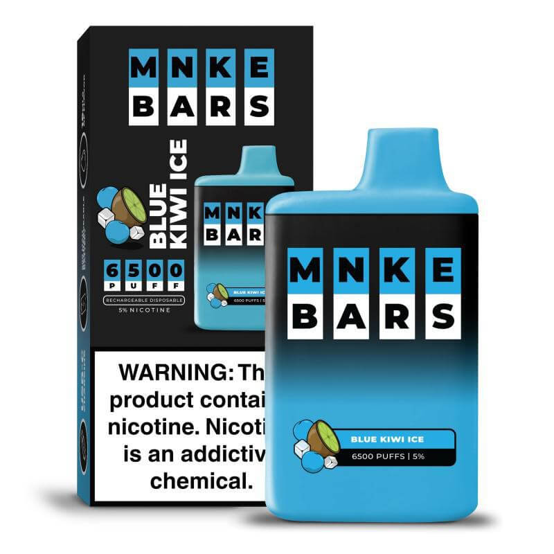 MNKE Bars Blue Kiwi Ice Disposable Vape with 6500 puffs and 5% nicotine strength packaging.