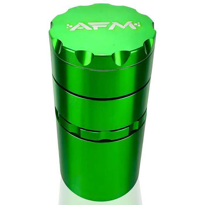 AFM 5pc Grinder in vibrant green, featuring sharp teeth for efficient grinding of herbs and spices.