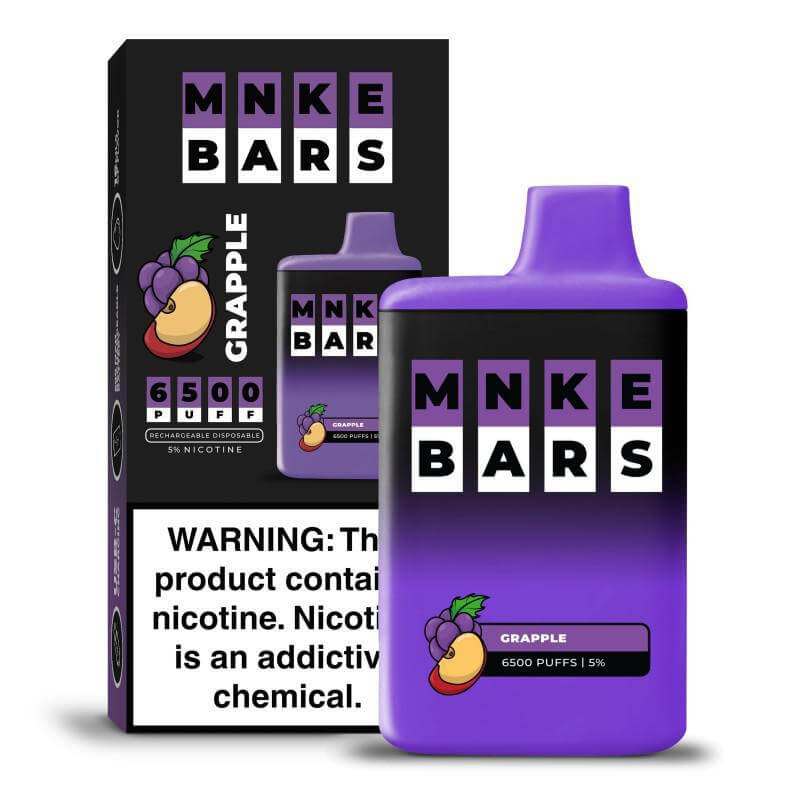 MNKE Bars Grapple Disposable Vape with 6500 puffs and 5% nicotine strength, featuring a vibrant packaging design.