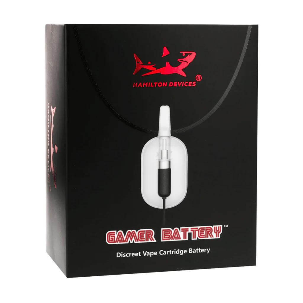 Hamilton Devices Gamer Battery packaging showcasing a discreet vape cartridge battery for gaming convenience.