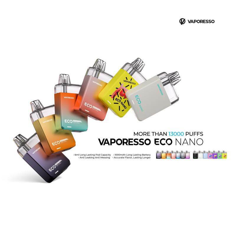 Vaporesso Eco Nano pod system showcasing various color options, highlighting its eco-friendly design and 13000 puffs capacity.