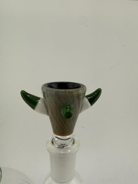 IC Glass Monster Horn 14mm Bowl Piece in green, showcasing sculpted horn details and vibrant design.
