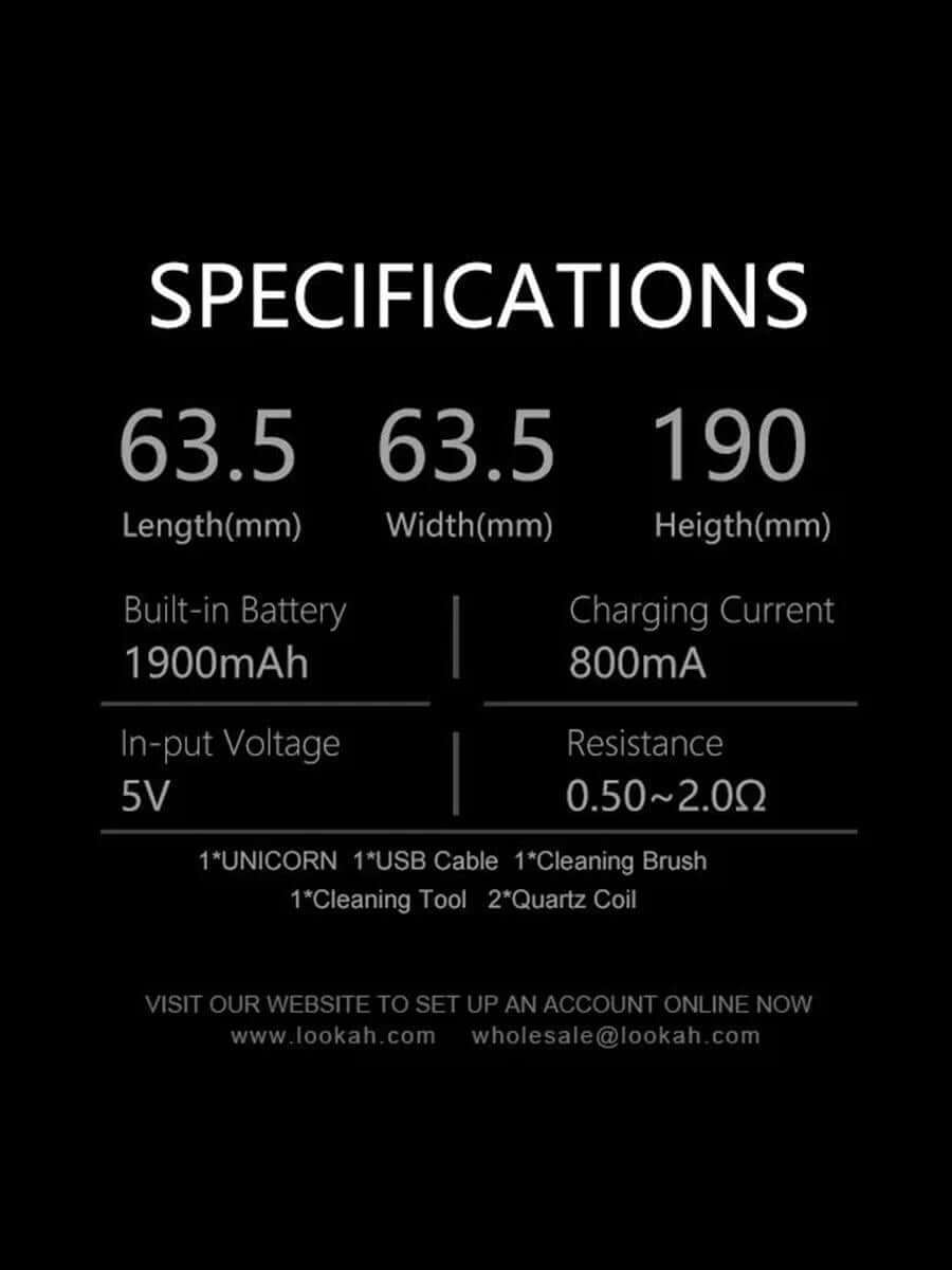 Specifications for LOOKAH Unicorn 2.0 Portable E-Rig including dimensions, battery, and resistance.