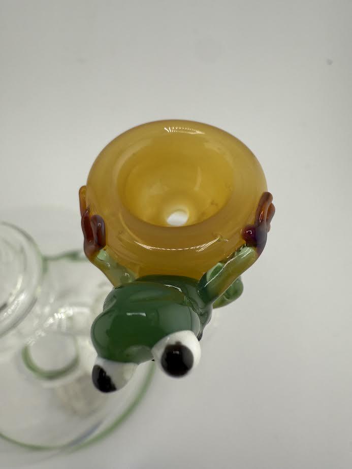 14mm handcrafted glass frog bowl piece by Lamp Dancer, vibrant colors, artistic design, durable borosilicate glass.